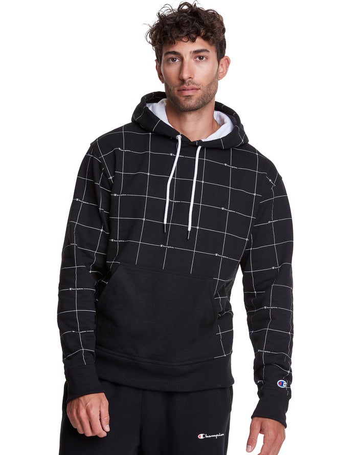 Champion Mens Hoodie NZ - Powerblend All Over Logo Black ( 4907-TPHGU )